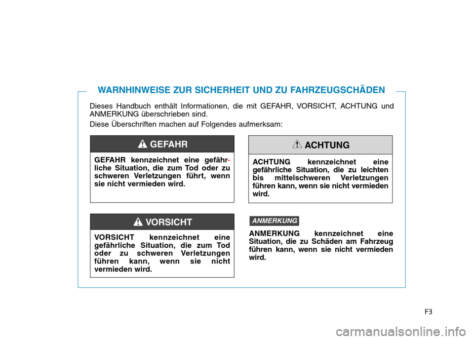 Hyundai Kona 2020 Betriebsanleitung (in German) F3
Dieses Handbuch enthält Informationen, die mit GEFAHR, VORSICHT, ACHTUNG und
ANMERKUNG überschrieben sind.
Diese Überschriften machen auf Folgendes aufmerksam:
WARNHINWEISE ZUR SICHERHEIT UND ZU Hyundai Kona 2020 Betriebsanleitung (in German) F3
Dieses Handbuch enthält Informationen, die mit GEFAHR, VORSICHT, ACHTUNG und
ANMERKUNG überschrieben sind.
Diese Überschriften machen auf Folgendes aufmerksam:
WARNHINWEISE ZUR SICHERHEIT UND ZU