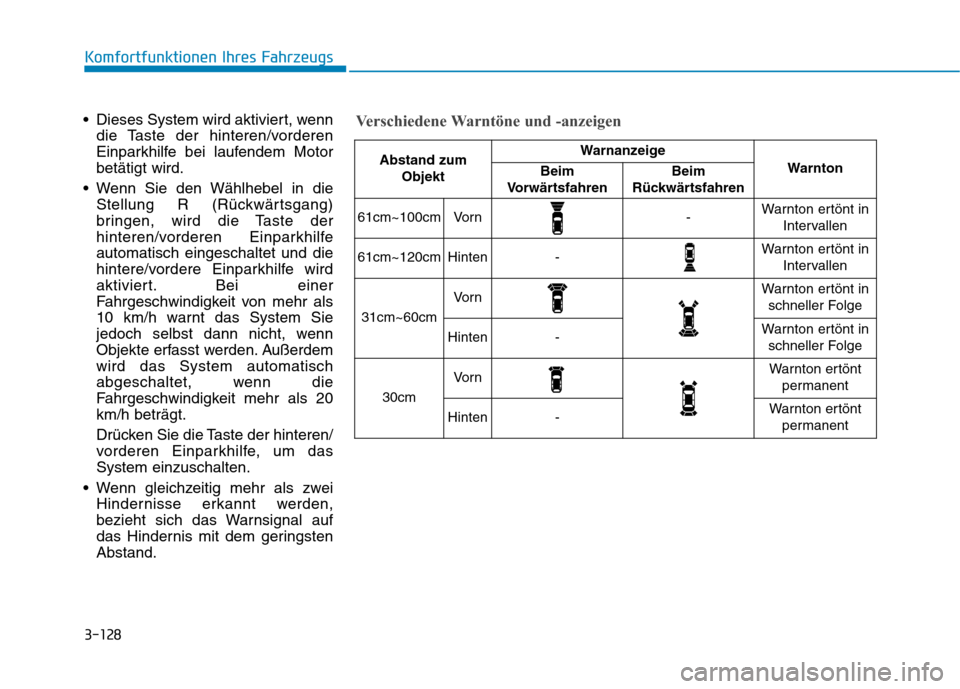 Hyundai Kona 2020 Betriebsanleitung (in German) 3-128
Komfortfunktionen Ihres Fahrzeugs
Dieses System wird aktiviert, wenn
die Taste der hinteren/vorderen
Einparkhilfe bei laufendem Motor
betätigt wird.
Wenn Sie den Wählhebel in die
Stellung R Hyundai Kona 2020 Betriebsanleitung (in German) 3-128
Komfortfunktionen Ihres Fahrzeugs
Dieses System wird aktiviert, wenn
die Taste der hinteren/vorderen
Einparkhilfe bei laufendem Motor
betätigt wird.
Wenn Sie den Wählhebel in die
Stellung R