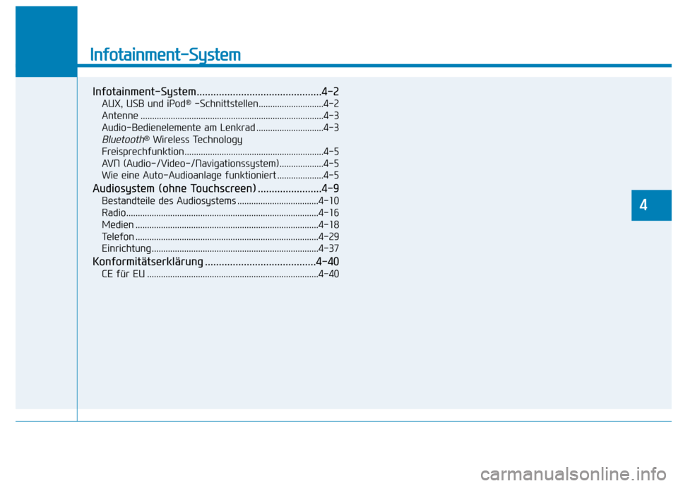 Hyundai Kona 2020 Betriebsanleitung (in German) Infotainment-System
Infotainment-System.............................................4-2
AUX, USB und iPod®-Schnittstellen............................4-2
Antenne ...................................... Hyundai Kona 2020 Betriebsanleitung (in German) Infotainment-System
Infotainment-System.............................................4-2
AUX, USB und iPod®-Schnittstellen............................4-2
Antenne ......................................