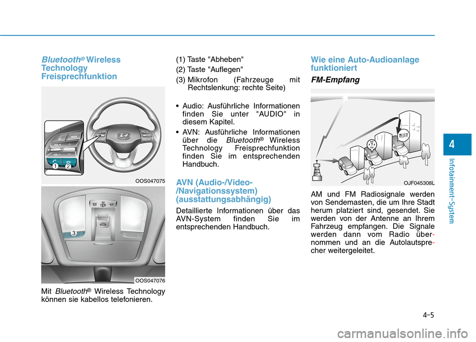Hyundai Kona 2020  Betriebsanleitung (in German) 4-5
Infotainment-System
4
Bluetooth®Wireless
Technology
Freisprechfunktion
Mit Bluetooth®Wireless Technology
können sie kabellos telefonieren.(1) Taste "Abheben"
(2) Taste "Auflegen"
(3) Mikrofon (
