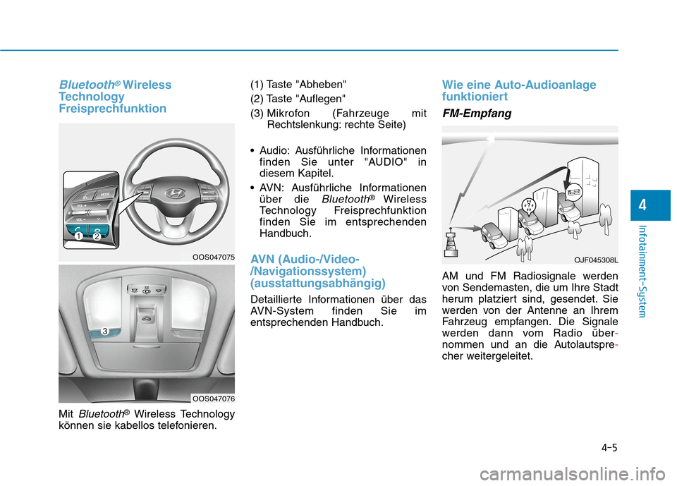 Hyundai Kona 2020 Betriebsanleitung (in German) 4-5
Infotainment-System
4
Bluetooth®Wireless
Technology
Freisprechfunktion
Mit Bluetooth®Wireless Technology
können sie kabellos telefonieren.(1) Taste "Abheben"
(2) Taste "Auflegen"
(3) Mikrofon ( Hyundai Kona 2020 Betriebsanleitung (in German) 4-5
Infotainment-System
4
Bluetooth®Wireless
Technology
Freisprechfunktion
Mit Bluetooth®Wireless Technology
können sie kabellos telefonieren.(1) Taste "Abheben"
(2) Taste "Auflegen"
(3) Mikrofon (
