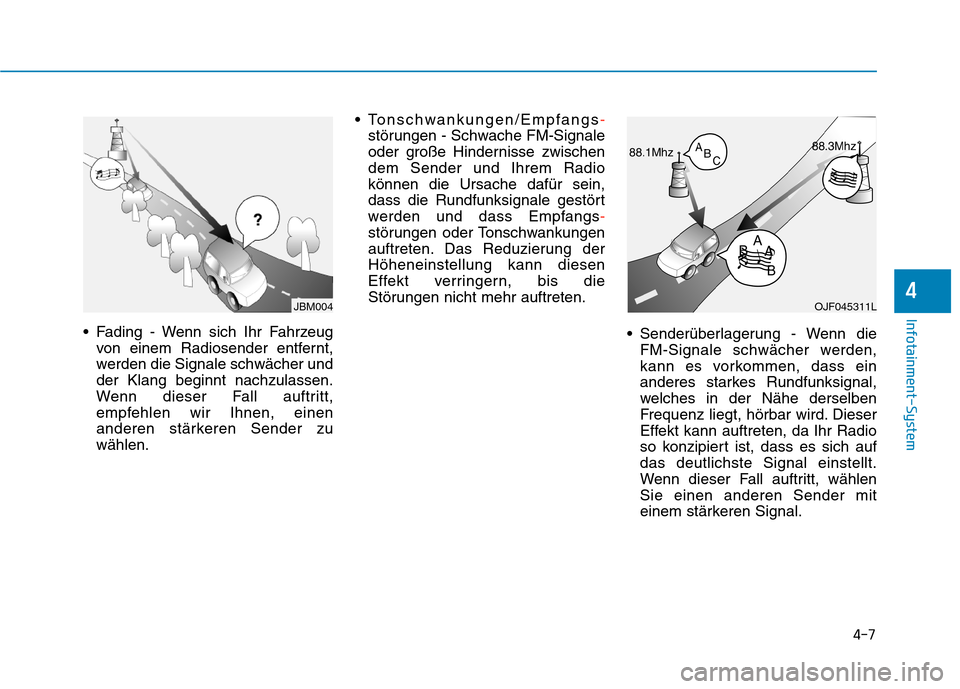 Hyundai Kona 2020  Betriebsanleitung (in German) 4-7
Infotainment-System
4
 Fading - Wenn sich Ihr Fahrzeug
von einem Radiosender entfernt,
werden die Signale schwächer und
der Klang beginnt nachzulassen.
Wenn dieser Fall auftritt,
empfehlen wir Ih