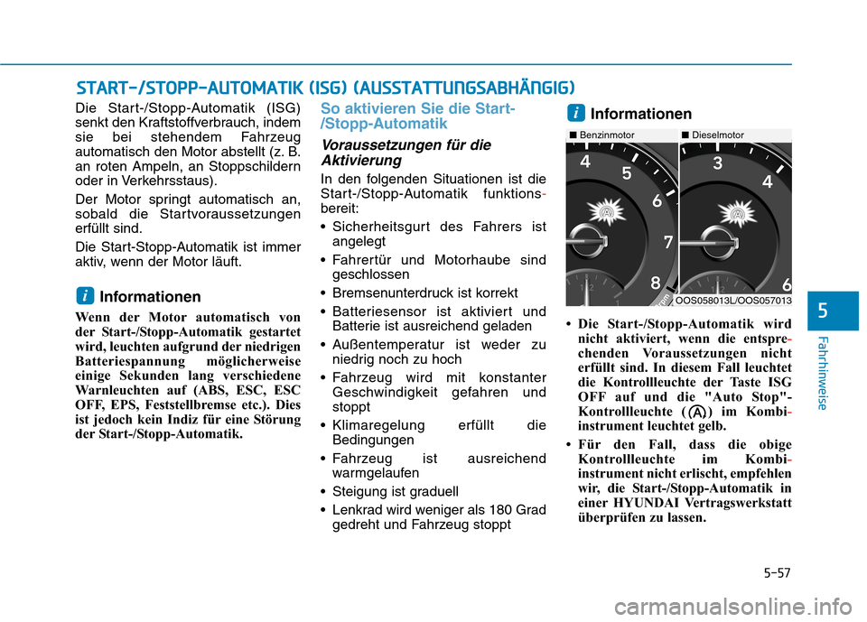 Hyundai Kona 2020  Betriebsanleitung (in German) 5-57
Fahrhinweise
5
Die Start-/Stopp-Automatik (ISG)
senkt den Kraftstoffverbrauch, indem
sie bei stehendem Fahrzeug
automatisch den Motor abstellt (z. B.
an roten Ampeln, an Stoppschildern
oder in Ve