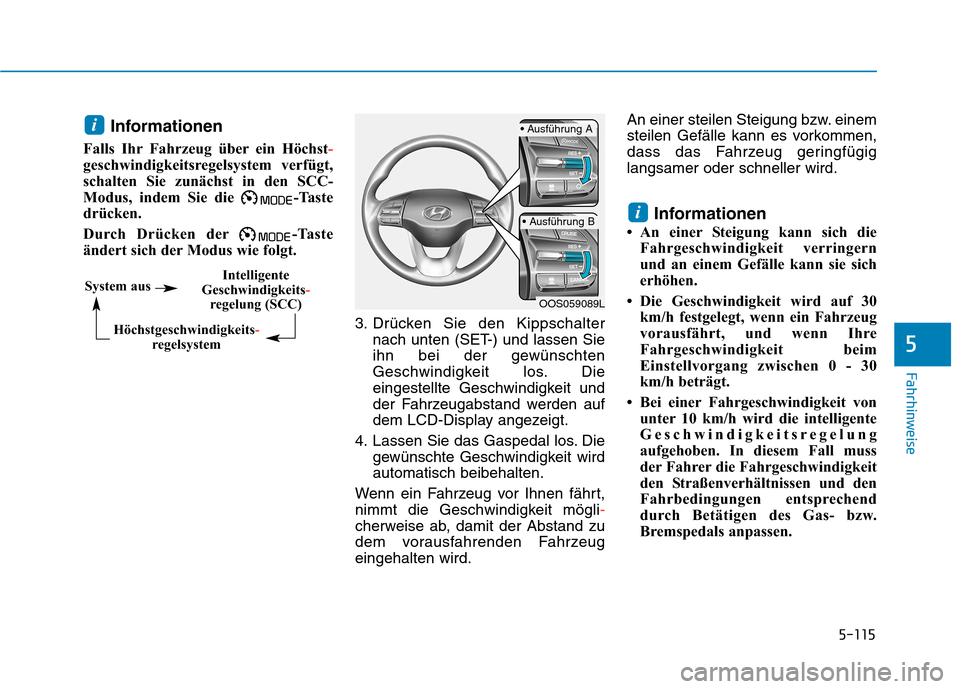 Hyundai Kona 2020 Betriebsanleitung (in German) 5-115
Fahrhinweise
Informationen
Falls Ihr Fahrzeug über ein Höchst-
geschwindigkeitsregelsystem verfügt,
schalten Sie zunächst in den SCC-
Modus, indem Sie die -Taste
drücken.
Durch Drücken de Hyundai Kona 2020 Betriebsanleitung (in German) 5-115
Fahrhinweise
Informationen
Falls Ihr Fahrzeug über ein Höchst-
geschwindigkeitsregelsystem verfügt,
schalten Sie zunächst in den SCC-
Modus, indem Sie die -Taste
drücken.
Durch Drücken de