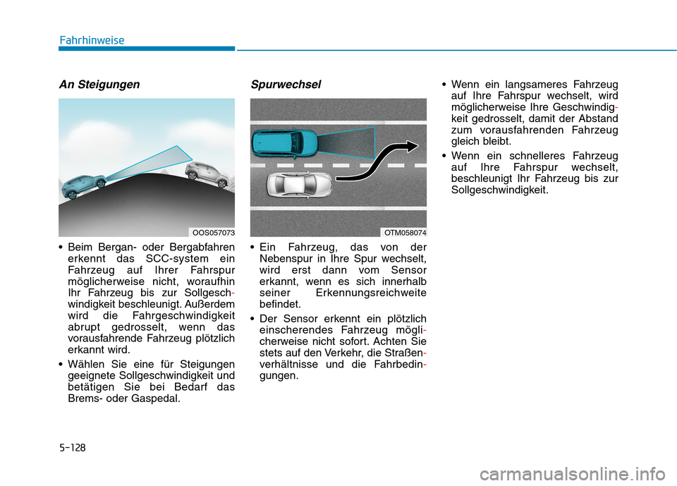 Hyundai Kona 2020 Betriebsanleitung (in German) 5-128
An Steigungen
Beim Bergan- oder Bergabfahren
erkennt das SCC-system ein
Fahrzeug auf Ihrer Fahrspur
möglicherweise nicht, woraufhin
Ihr Fahrzeug bis zur Sollgesch-
windigkeit beschleunigt. Auà Hyundai Kona 2020 Betriebsanleitung (in German) 5-128
An Steigungen
Beim Bergan- oder Bergabfahren
erkennt das SCC-system ein
Fahrzeug auf Ihrer Fahrspur
möglicherweise nicht, woraufhin
Ihr Fahrzeug bis zur Sollgesch-
windigkeit beschleunigt. AuÃ
