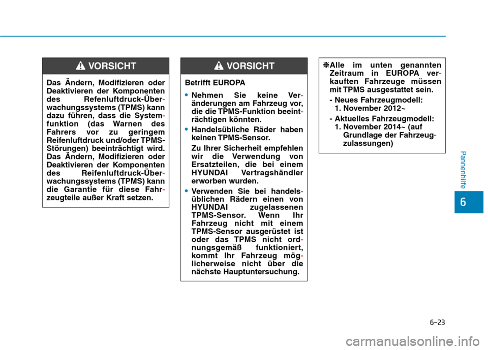 Hyundai Kona 2020 Betriebsanleitung (in German) 6-23
Pannenhilfe
6
Betrifft EUROPA
Nehmen Sie keine Ver-
änderungen am Fahrzeug vor,
die die TPMS-Funktion beeint-
rächtigen könnten.
Handelsübliche Räder haben
keinen TPMS-Sensor.
Zu Ihrer Siche Hyundai Kona 2020 Betriebsanleitung (in German) 6-23
Pannenhilfe
6
Betrifft EUROPA
Nehmen Sie keine Ver-
änderungen am Fahrzeug vor,
die die TPMS-Funktion beeint-
rächtigen könnten.
Handelsübliche Räder haben
keinen TPMS-Sensor.
Zu Ihrer Siche
