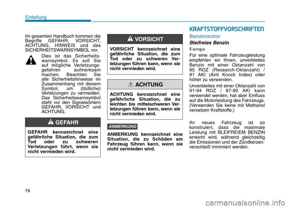 Hyundai Kona 2020  Betriebsanleitung (in German) F6
Einleitung
Im gesamten Handbuch kommen die
Begriffe GEFAHR, VORSICHT,
ACHTUNG, HINWEIS und das
SICHERHEITSWARNSYMBOL vor.
Dies ist das Sicherheits-
warnsymbol. Es soll Sie 
auf mögliche Verletzung