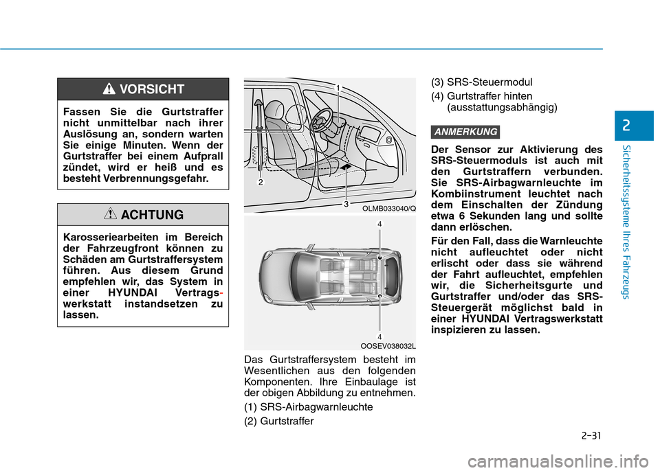 Hyundai Kona 2020 Betriebsanleitung (in German) 2-31
Sicherheitssysteme Ihres Fahrzeugs
2
Das Gurtstraffersystem besteht im
Wesentlichen aus den folgenden
Komponenten. Ihre Einbaulage ist
der obigen Abbildung zu entnehmen.
(1) SRS-Airbagwarnleuchte Hyundai Kona 2020 Betriebsanleitung (in German) 2-31
Sicherheitssysteme Ihres Fahrzeugs
2
Das Gurtstraffersystem besteht im
Wesentlichen aus den folgenden
Komponenten. Ihre Einbaulage ist
der obigen Abbildung zu entnehmen.
(1) SRS-Airbagwarnleuchte