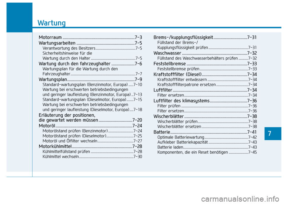 Hyundai Kona 2020 Betriebsanleitung (in German) 7
Wartung
7
Wartung
Motorraum ..............................................................7-3
Wartungsarbeiten ..................................................7-5
Verantwortung des Besitzers ..... Hyundai Kona 2020 Betriebsanleitung (in German) 7
Wartung
7
Wartung
Motorraum ..............................................................7-3
Wartungsarbeiten ..................................................7-5
Verantwortung des Besitzers .....