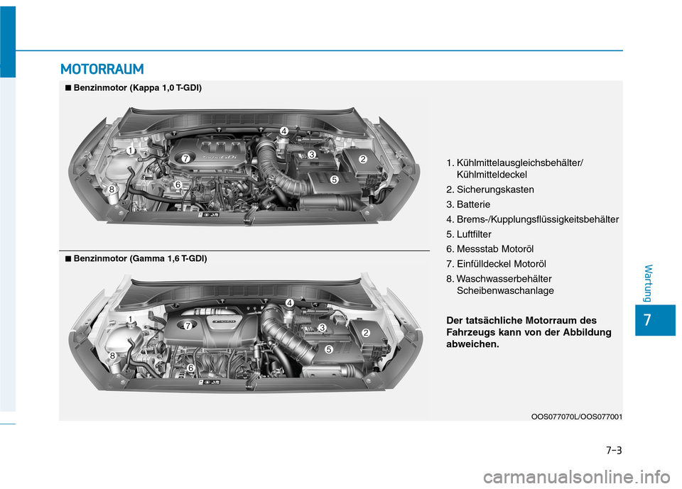 Hyundai Kona 2020 Betriebsanleitung (in German) 7-3
7
Wartung
M MO
OT
TO
OR
RR
RA
AU
UM
M
OOS077070L/OOS077001
1. Kühlmittelausgleichsbehälter/
Kühlmitteldeckel
2. Sicherungskasten
3. Batterie
4. Brems-/Kupplungsflüssigkeitsbehälter
5. Luftfil Hyundai Kona 2020 Betriebsanleitung (in German) 7-3
7
Wartung
M MO
OT
TO
OR
RR
RA
AU
UM
M
OOS077070L/OOS077001
1. Kühlmittelausgleichsbehälter/
Kühlmitteldeckel
2. Sicherungskasten
3. Batterie
4. Brems-/Kupplungsflüssigkeitsbehälter
5. Luftfil
