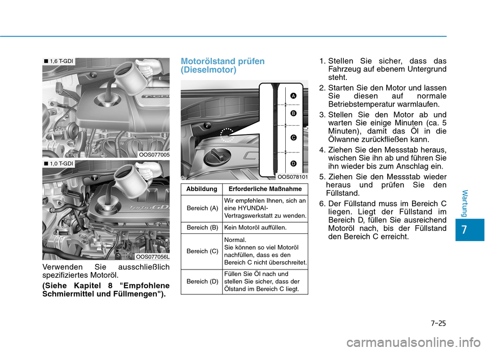 Hyundai Kona 2020  Betriebsanleitung (in German) 7-25
7
Wartung
Verwenden Sie ausschließlich
spezifiziertes Motoröl.
(Siehe Kapitel 8 "Empfohlene
Schmiermittel und Füllmengen").
Motorölstand prüfen
(Dieselmotor)1. Stellen Sie sicher, dass das
F