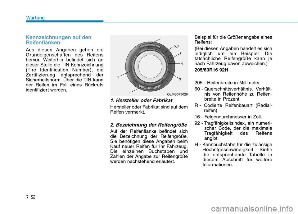 Hyundai Kona 2020 Betriebsanleitung (in German) 7-52
Wartung
Kennzeichnungen auf den
Reifenflanken
Aus diesen Angaben gehen die
Grundeigenschaften des Reifens
hervor. Weiterhin befindet sich an
dieser Stelle die TIN-Kennzeichnung
(Tire Identificati Hyundai Kona 2020 Betriebsanleitung (in German) 7-52
Wartung
Kennzeichnungen auf den
Reifenflanken
Aus diesen Angaben gehen die
Grundeigenschaften des Reifens
hervor. Weiterhin befindet sich an
dieser Stelle die TIN-Kennzeichnung
(Tire Identificati