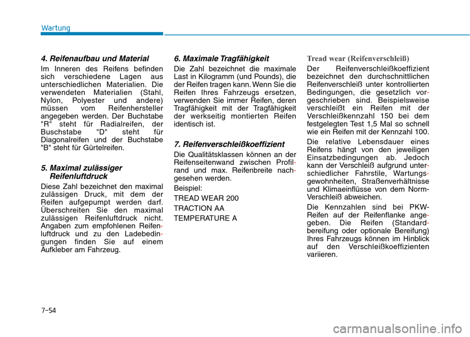 Hyundai Kona 2020 Betriebsanleitung (in German) 7-54
Wartung
4. Reifenaufbau und Material
Im Inneren des Reifens befinden
sich verschiedene Lagen aus
unterschiedlichen Materialien. Die
verwendeten Materialien (Stahl,
Nylon, Polyester und andere)
mà Hyundai Kona 2020 Betriebsanleitung (in German) 7-54
Wartung
4. Reifenaufbau und Material
Im Inneren des Reifens befinden
sich verschiedene Lagen aus
unterschiedlichen Materialien. Die
verwendeten Materialien (Stahl,
Nylon, Polyester und andere)
mÃ