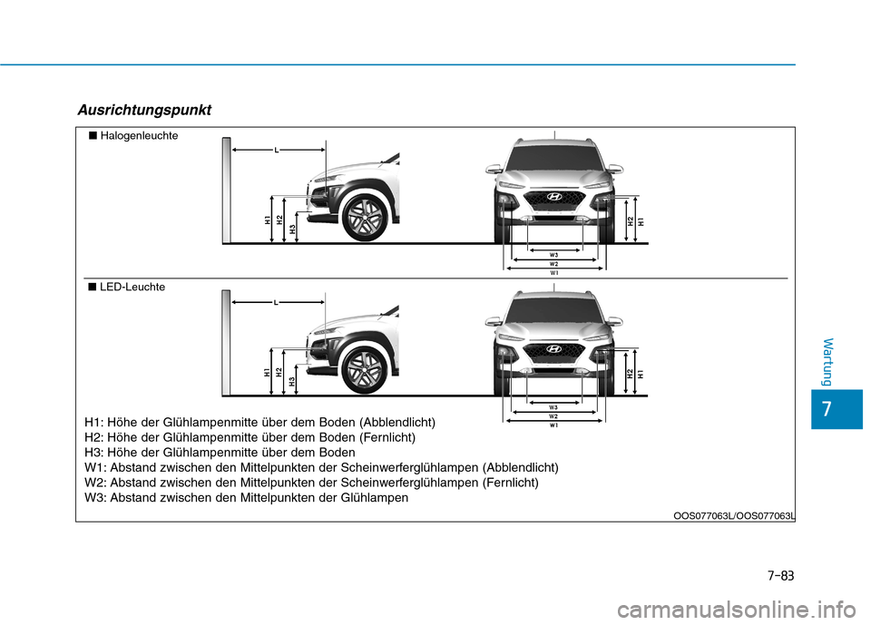 Hyundai Kona 2020  Betriebsanleitung (in German) 7-83
7
Wartung
Ausrichtungspunkt
■Halogenleuchte
■LED-Leuchte
H1: Höhe der Glühlampenmitte über dem Boden (Abblendlicht)
H2: Höhe der Glühlampenmitte über dem Boden (Fernlicht)
H3: Höhe der