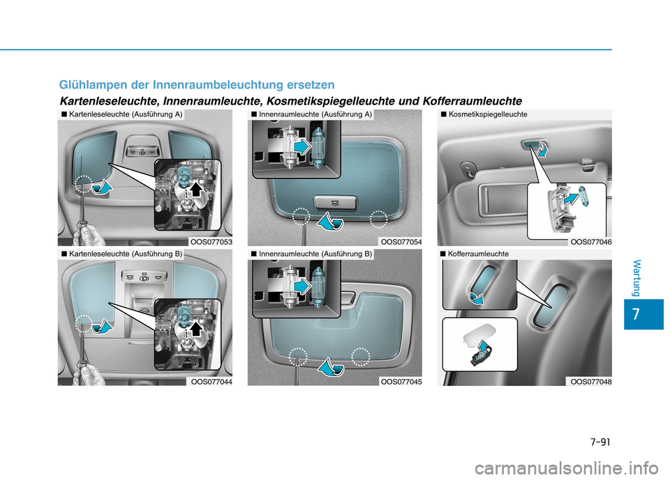 Hyundai Kona 2020  Betriebsanleitung (in German) 7-91
7
Wartung
Glühlampen der Innenraumbeleuchtung ersetzen
Kartenleseleuchte, Innenraumleuchte, Kosmetikspiegelleuchte und Kofferraumleuchte
OOS077053
■Kartenleseleuchte (Ausführung A)
OOS077044
