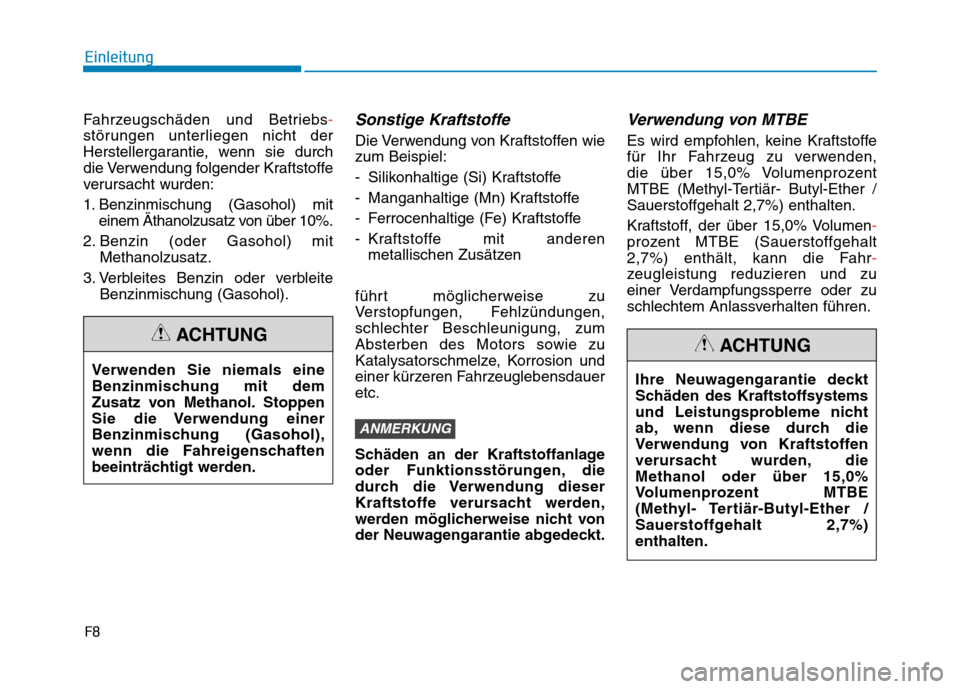 Hyundai Kona 2020  Betriebsanleitung (in German) F8
Einleitung
Fahrzeugschäden und Betriebs-
störungen unterliegen nicht der
Herstellergarantie, wenn sie durch
die Verwendung folgender Kraftstoffe
verursacht wurden:
1. Benzinmischung (Gasohol) mit
