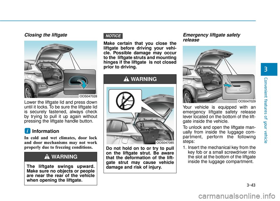 Hyundai Kona 2019 Owners Manual 3-43
Convenient features of your vehicle
3
Closing the liftgate
Lower the liftgate lid and press down
until it locks. To be sure the liftgate lid
is securely fastened, always check
by trying to pull i Hyundai Kona 2019 Owners Manual 3-43
Convenient features of your vehicle
3
Closing the liftgate
Lower the liftgate lid and press down
until it locks. To be sure the liftgate lid
is securely fastened, always check
by trying to pull i