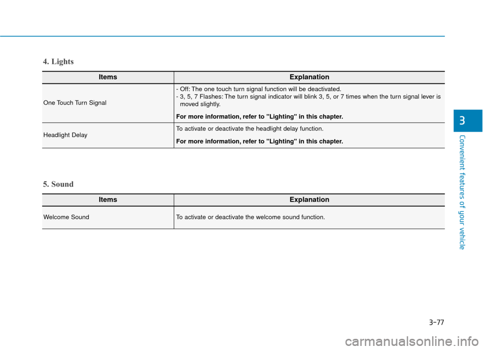 Hyundai Kona 2019 Service Manual 3-77
Convenient features of your vehicle
3
ItemsExplanation
One Touch Turn Signal
- Off: The one touch turn signal function will be deactivated.
- 3, 5, 7 Flashes: The turn signal indicator will blink