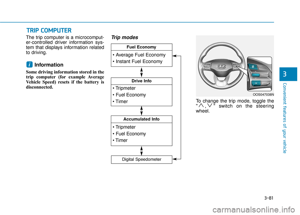 Hyundai Kona 2019 Owners Manual 3-81
Convenient features of your vehicle
3
The trip computer is a microcomput-
er-controlled driver information sys-
tem that displays information related
to driving.
Information
Some driving informa Hyundai Kona 2019 Owners Manual 3-81
Convenient features of your vehicle
3
The trip computer is a microcomput-
er-controlled driver information sys-
tem that displays information related
to driving.
Information
Some driving informa