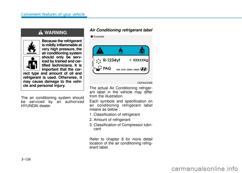 Hyundai Kona 2019  Owners Manual 3-124
Convenient features of your vehicle
The air conditioning system should
be serviced by an authorized
HYUNDAI dealer.
Air Conditioning refrigerant label
The actual Air Conditioning refriger-
ant l