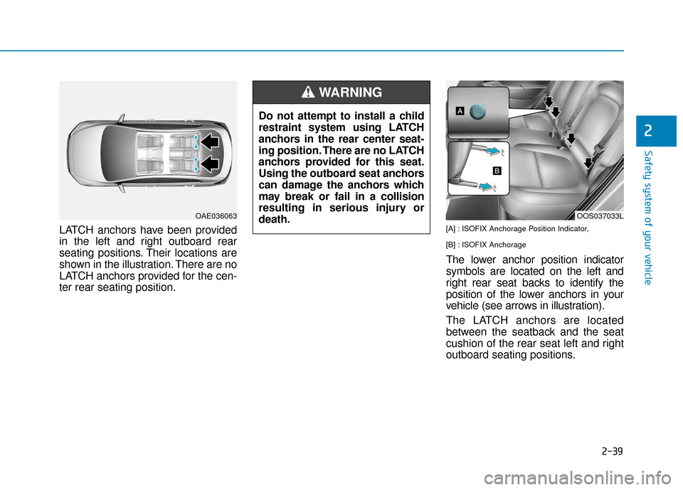 Hyundai Kona 2019 Workshop Manual 2-39
Safety system of your vehicle
2
LATCH anchors have been provided
in the left and right outboard rear
seating positions. Their locations are
shown in the illustration. There are no
LATCH anchors p