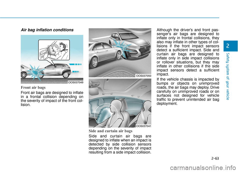 Hyundai Kona 2019  Owners Manual 2-63
Safety system of your vehicle
2
Air bag inflation conditions 
Front air bags 
Front air bags are designed to inflate
in a frontal collision depending on
the severity of impact of the front col-
l