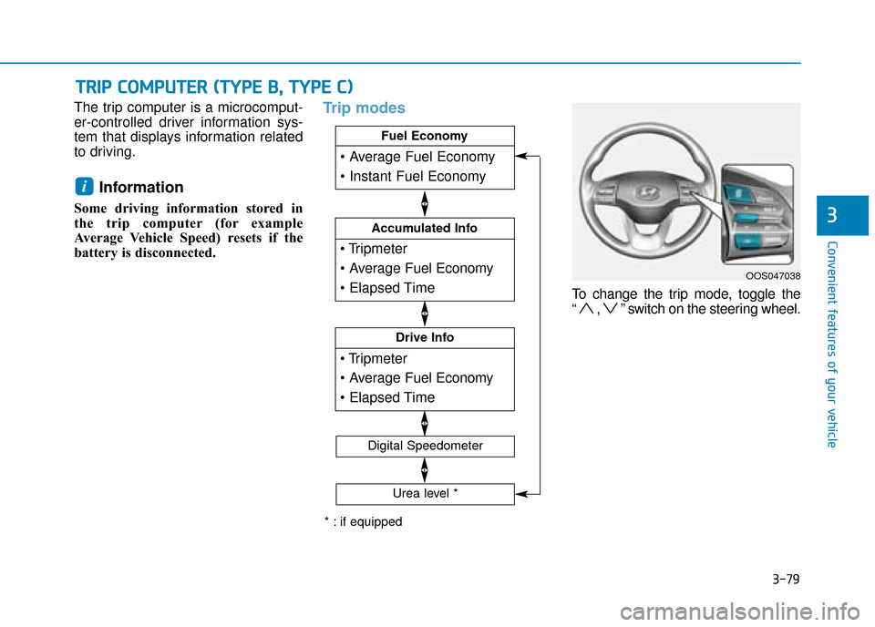 Hyundai Kona 2019 Owners Manual - RHD (UK, Australia) 3-79
Convenient features of your vehicle
3
The trip computer is a microcomput-
er-controlled driver information sys-
tem that displays information related
to driving.
Information
Some driving informa Hyundai Kona 2019 Owners Manual - RHD (UK, Australia) 3-79
Convenient features of your vehicle
3
The trip computer is a microcomput-
er-controlled driver information sys-
tem that displays information related
to driving.
Information
Some driving informa