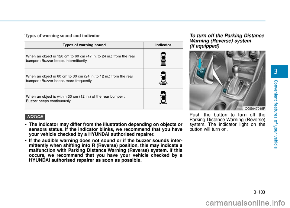 Hyundai Kona 2019  Owners Manual - RHD (UK, Australia) 3-103
Convenient features of your vehicle
3
Types of warning sound and indicatorTo turn off the Parking DistanceWarning (Reverse) system(if equipped)
Push the button to turn off the
Parking Distance W