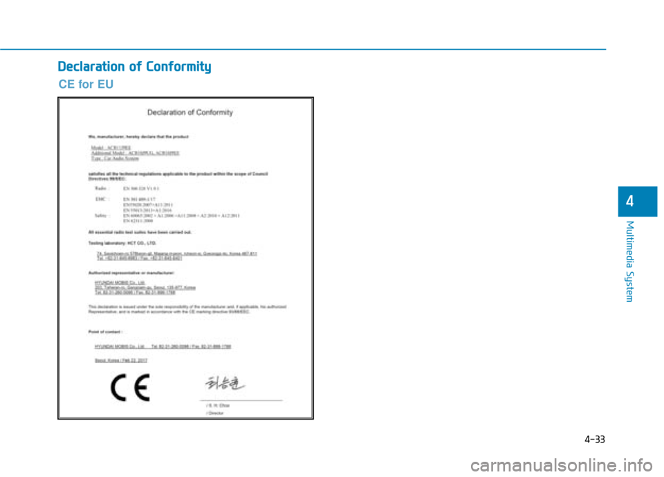 Hyundai Kona 2019 Owners Manual - RHD (UK, Australia) 4-33
Multimedia System
4
D
De
ec
cl
la
a r
ra
a t
ti
io
o n
n
o
o f
f
C
C o
on
nf
fo
o r
rm
m i
it
t y
y
CE for EU Hyundai Kona 2019 Owners Manual - RHD (UK, Australia) 4-33
Multimedia System
4
D
De
ec
cl
la
a r
ra
a t
ti
io
o n
n
o
o f
f
C
C o
on
nf
fo
o r
rm
m i
it
t y
y
CE for EU