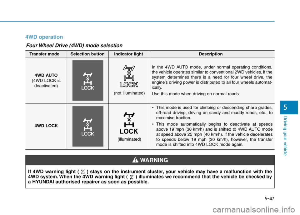 Hyundai Kona 2019  Owners Manual - RHD (UK, Australia) 5-47
Driving your vehicle
5
4WD operation
 This mode is used for climbing or descending sharp grades,off-road driving, driving on sandy and muddy roads, etc., to
maximise traction.
 This mode automati