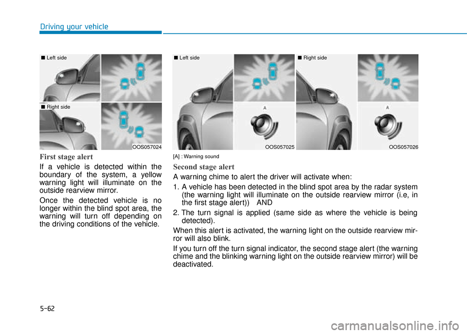 Hyundai Kona 2019  Owners Manual - RHD (UK, Australia) 5-62
Driving your vehicle
First stage alert
If a vehicle is detected within the
boundary of the system, a yellow
warning light will illuminate on the
outside rearview mirror.
Once the detected vehicle