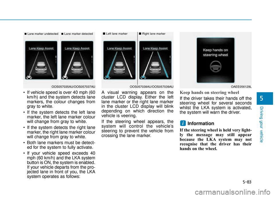 Hyundai Kona 2019 Owners Manual - RHD (UK, Australia) 5-83
Driving your vehicle
5
If vehicle speed is over 40 mph (60km/h) and the system detects lane
markers, the colour changes from
gray to white.
If the system detects the left lane marker, the left Hyundai Kona 2019 Owners Manual - RHD (UK, Australia) 5-83
Driving your vehicle
5
If vehicle speed is over 40 mph (60km/h) and the system detects lane
markers, the colour changes from
gray to white.
If the system detects the left lane marker, the left