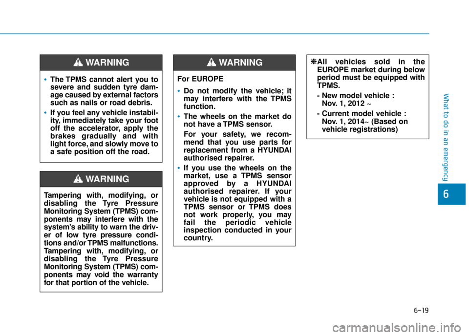 Hyundai Kona 2019  Owners Manual - RHD (UK, Australia) 6-19
What to do in an emergency
6
The TPMS cannot alert you to
severe and sudden tyre dam-
age caused by external factors
such as nails or road debris.
If you feel any vehicle instabil-
ity, immediate