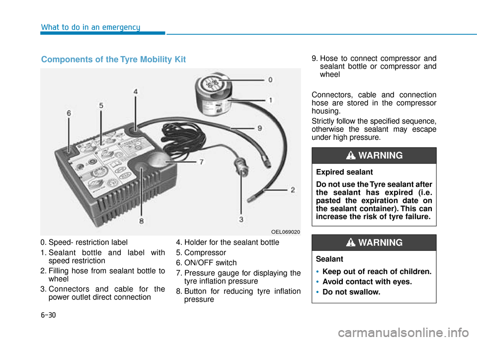 Hyundai Kona 2019 Owners Manual - RHD (UK, Australia) 6-30
What to do in an emergency
0. Speed- restriction label
1. Sealant bottle and label with speed restriction
2. Filling hose from sealant bottle to wheel
3. Connectors and cable for the power outlet Hyundai Kona 2019 Owners Manual - RHD (UK, Australia) 6-30
What to do in an emergency
0. Speed- restriction label
1. Sealant bottle and label with speed restriction
2. Filling hose from sealant bottle to wheel
3. Connectors and cable for the power outlet