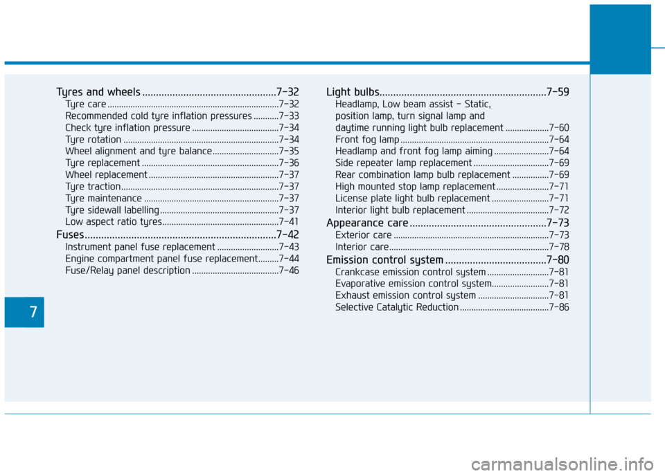 Hyundai Kona 2019  Owners Manual - RHD (UK, Australia) 7
Tyres and wheels .................................................7-32
Tyre care ........................................................................\
...7-32
Recommended cold tyre inflation pre