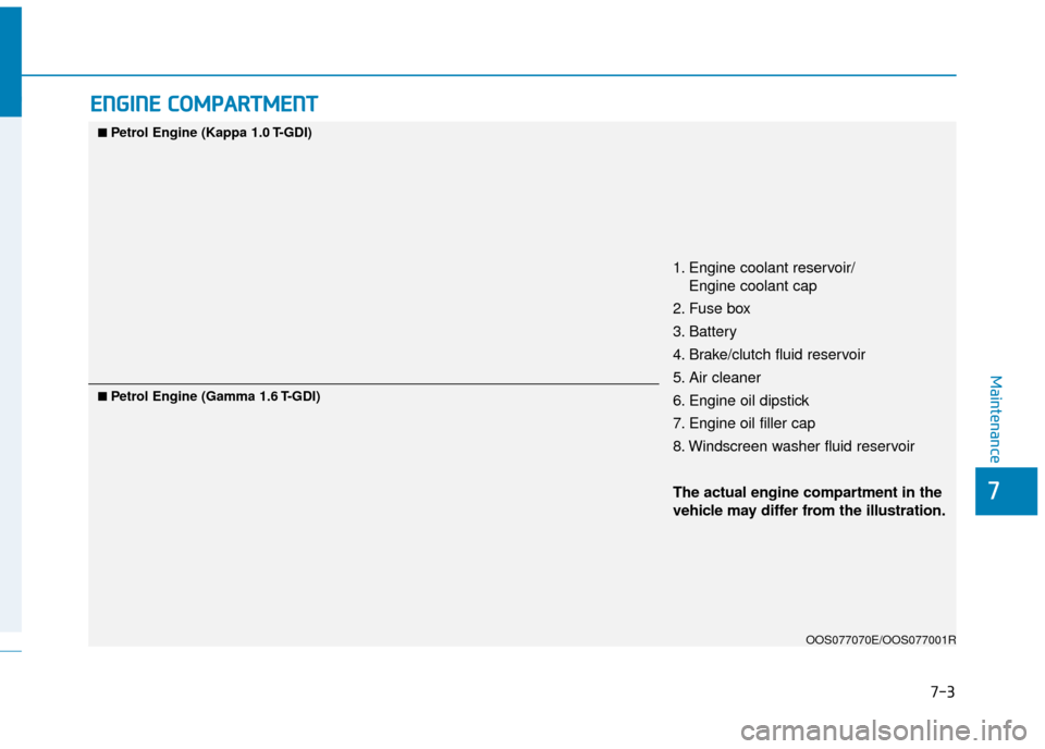 Hyundai Kona 2019 Owners Manual - RHD (UK, Australia) 7-3
7
Maintenance
E
EN
N G
GI
IN
N E
E
C
C O
O M
M P
PA
A R
RT
TM
M E
EN
N T
T
1. Engine coolant reservoir/
Engine coolant cap
2. Fuse box
3. Battery
4. Brake/clutch fluid reservoir
5. Air cleaner
6 Hyundai Kona 2019 Owners Manual - RHD (UK, Australia) 7-3
7
Maintenance
E
EN
N G
GI
IN
N E
E
C
C O
O M
M P
PA
A R
RT
TM
M E
EN
N T
T
1. Engine coolant reservoir/
Engine coolant cap
2. Fuse box
3. Battery
4. Brake/clutch fluid reservoir
5. Air cleaner
6