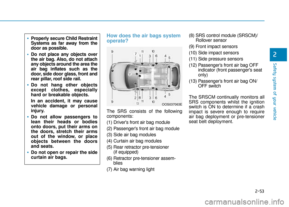 Hyundai Kona 2019 - RHD (UK, Australia) Manual PDF 2-53
Safety system of your vehicle
2
How does the air bags system
operate?
The SRS consists of the following
components:
(1) Drivers front air bag module
(2) Passengers front air bag module
(3) Sid Hyundai Kona 2019 - RHD (UK, Australia) Manual PDF 2-53
Safety system of your vehicle
2
How does the air bags system
operate?
The SRS consists of the following
components:
(1) Drivers front air bag module
(2) Passengers front air bag module
(3) Sid