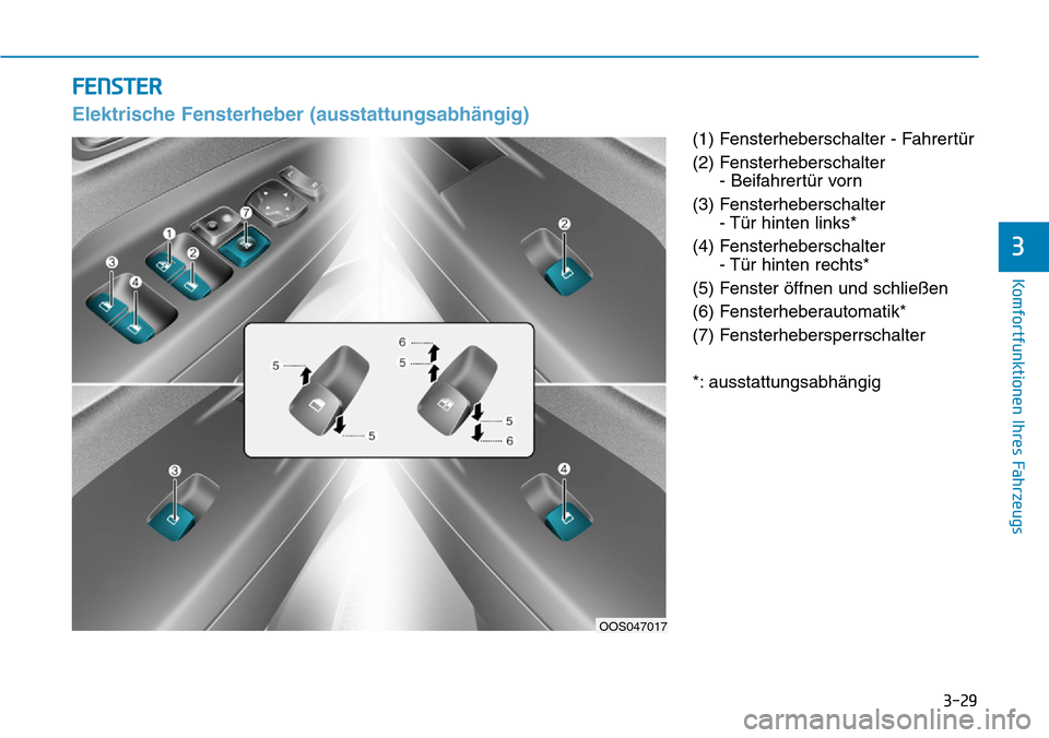Hyundai Kona 2019  Betriebsanleitung (in German) 3-29
Komfortfunktionen Ihres Fahrzeugs
3
(1) Fensterheberschalter - Fahrertür
(2) Fensterheberschalter 
- Beifahrertür vorn
(3) Fensterheberschalter
- Tür hinten links*
(4) Fensterheberschalter
- T