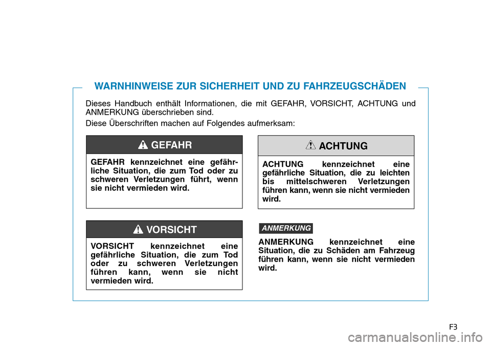 Hyundai Kona 2019  Betriebsanleitung (in German) F3
Dieses Handbuch enthält Informationen, die mit GEFAHR, VORSICHT, ACHTUNG und
ANMERKUNG überschrieben sind.
Diese Überschriften machen auf Folgendes aufmerksam:
WARNHINWEISE ZUR SICHERHEIT UND ZU