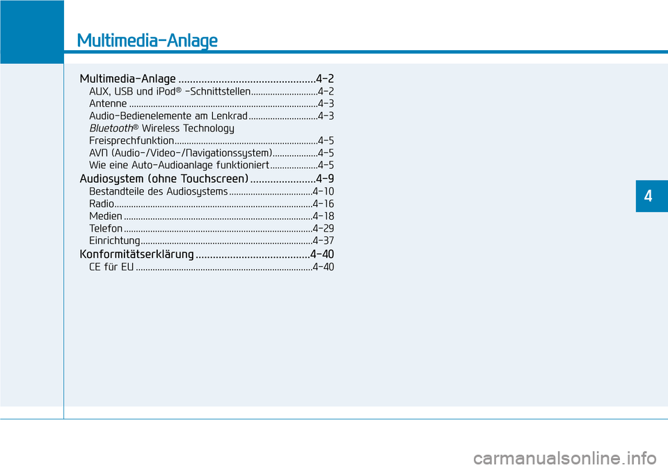 Hyundai Kona 2019  Betriebsanleitung (in German) Multimedia-Anlage
Multimedia-Anlage ................................................4-2
AUX, USB und iPod®-Schnittstellen............................4-2
Antenne ......................................