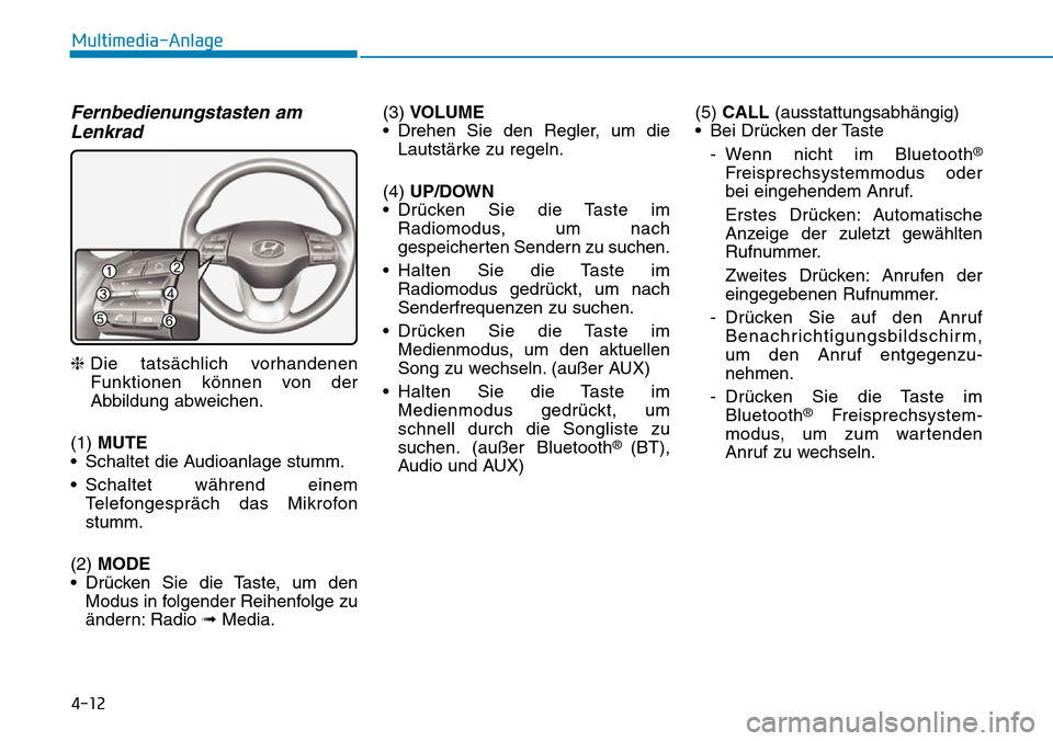 Hyundai Kona 2019 Betriebsanleitung (in German) 4-12
Multimedia-Anlage
Fernbedienungstasten am
Lenkrad
❈Die tatsächlich vorhandenen
Funktionen können von der
Abbildung abweichen.
(1) MUTE
• Schaltet die Audioanlage stumm.
• Schaltet währen Hyundai Kona 2019 Betriebsanleitung (in German) 4-12
Multimedia-Anlage
Fernbedienungstasten am
Lenkrad
❈Die tatsächlich vorhandenen
Funktionen können von der
Abbildung abweichen.
(1) MUTE
• Schaltet die Audioanlage stumm.
• Schaltet währen
