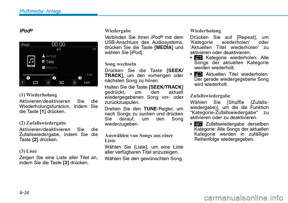 Hyundai Kona 2019  Betriebsanleitung (in German) 4-24
Multimedia-Anlage
iPod®
(1) Wiederholung
Aktivieren/deaktivieren Sie die
Wiederholungsfunktion, indem Sie
die Taste [1]drücken.
(2) Zufallswiedergabe
Aktivieren/deaktivieren Sie die
Zufallswied
