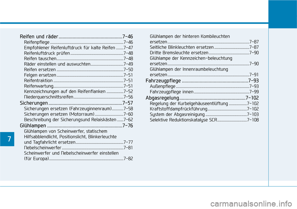 Hyundai Kona 2019 Betriebsanleitung (in German) 7
Reifen und räder ..................................................7-46
Reifenpflege .....................................................................7-46
Empfohlener Reifenluftdruck für kalte Hyundai Kona 2019 Betriebsanleitung (in German) 7
Reifen und räder ..................................................7-46
Reifenpflege .....................................................................7-46
Empfohlener Reifenluftdruck für kalte