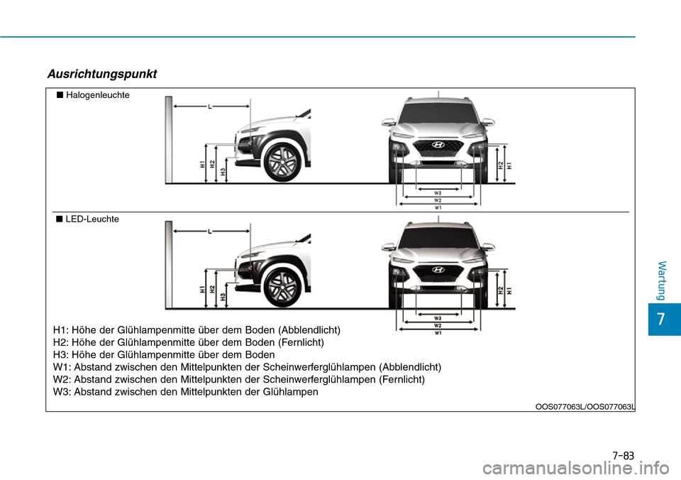 Hyundai Kona 2019 Betriebsanleitung (in German) 7-83
7
Wartung
Ausrichtungspunkt
■Halogenleuchte
■LED-Leuchte
H1: Höhe der Glühlampenmitte über dem Boden (Abblendlicht)
H2: Höhe der Glühlampenmitte über dem Boden (Fernlicht)
H3: Höhe der Hyundai Kona 2019 Betriebsanleitung (in German) 7-83
7
Wartung
Ausrichtungspunkt
■Halogenleuchte
■LED-Leuchte
H1: Höhe der Glühlampenmitte über dem Boden (Abblendlicht)
H2: Höhe der Glühlampenmitte über dem Boden (Fernlicht)
H3: Höhe der