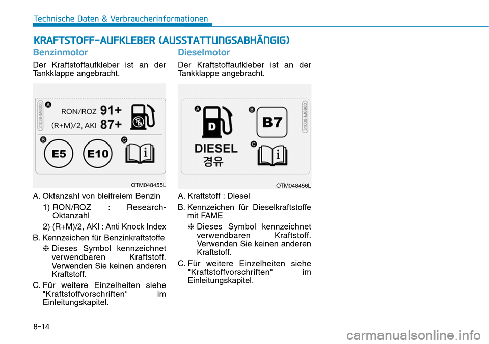 Hyundai Kona 2019 Betriebsanleitung (in German) Benzinmotor
Der Kraftstoffaufkleber ist an der
Tankklappe angebracht.
A. Oktanzahl von bleifreiem Benzin
1) RON/ROZ : Research-
Oktanzahl
2) (R+M)/2, AKI : Anti Knock Index
B. Kennzeichen für Benzin Hyundai Kona 2019 Betriebsanleitung (in German) Benzinmotor
Der Kraftstoffaufkleber ist an der
Tankklappe angebracht.
A. Oktanzahl von bleifreiem Benzin
1) RON/ROZ : Research-
Oktanzahl
2) (R+M)/2, AKI : Anti Knock Index
B. Kennzeichen für Benzin