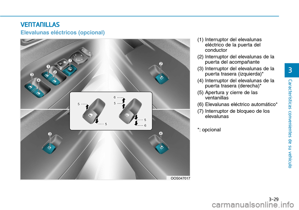 Hyundai Kona 2019 Manual del propietario (in Spanish) 3-29
CaracterÃsticas convenientes de su vehÃculo
3
(1) Interruptor del elevalunas
eléctrico de la puerta del
conductor
(2) Interruptor del elevalunas de la
puerta del acompañante
(3) Interruptor d Hyundai Kona 2019 Manual del propietario (in Spanish) 3-29
CaracterÃsticas convenientes de su vehÃculo
3
(1) Interruptor del elevalunas
eléctrico de la puerta del
conductor
(2) Interruptor del elevalunas de la
puerta del acompañante
(3) Interruptor d