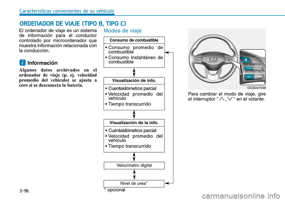 Hyundai Kona 2019 Manual del propietario (in Spanish) 3-96
Características convenientes de su vehículo
El ordenador de viaje es un sistema
de información para el conductor
controlado por microordenador que
muestra información relacionada con
la condu Hyundai Kona 2019 Manual del propietario (in Spanish) 3-96
Características convenientes de su vehículo
El ordenador de viaje es un sistema
de información para el conductor
controlado por microordenador que
muestra información relacionada con
la condu