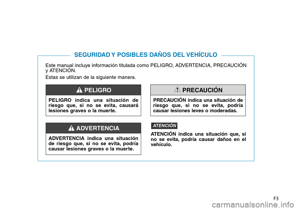 Hyundai Kona 2019 Manual del propietario (in Spanish) F3
Este manual incluye información titulada como PELIGRO, ADVERTENCIA, PRECAUCIÓN
y ATENCIÓN.
Estas se utilizan de la siguiente manera.
SEGURIDAD Y POSIBLES DAÑOS DEL VEHÍCULO
PELIGRO indica una Hyundai Kona 2019 Manual del propietario (in Spanish) F3
Este manual incluye información titulada como PELIGRO, ADVERTENCIA, PRECAUCIÓN
y ATENCIÓN.
Estas se utilizan de la siguiente manera.
SEGURIDAD Y POSIBLES DAÑOS DEL VEHÍCULO
PELIGRO indica una
