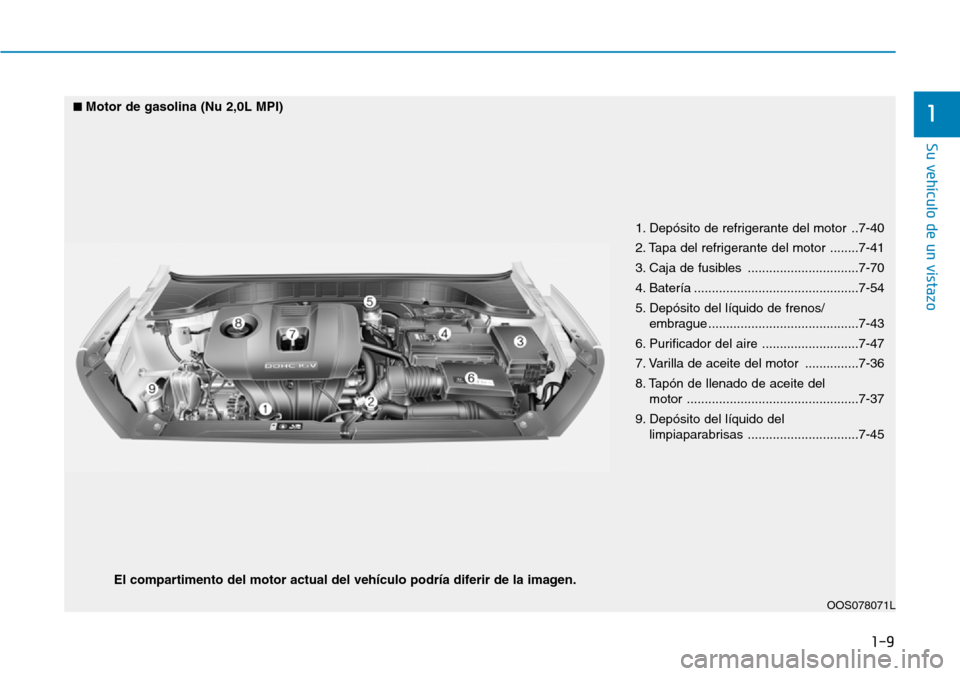 Hyundai Kona 2019 Manual del propietario (in Spanish) 1-9
Su vehículo de un vistazo
1
1. Depósito de refrigerante del motor ..7-40
2. Tapa del refrigerante del motor ........7-41
3. Caja de fusibles ...............................7-70
4. Batería ... Hyundai Kona 2019 Manual del propietario (in Spanish) 1-9
Su vehículo de un vistazo
1
1. Depósito de refrigerante del motor ..7-40
2. Tapa del refrigerante del motor ........7-41
3. Caja de fusibles ...............................7-70
4. Batería ...