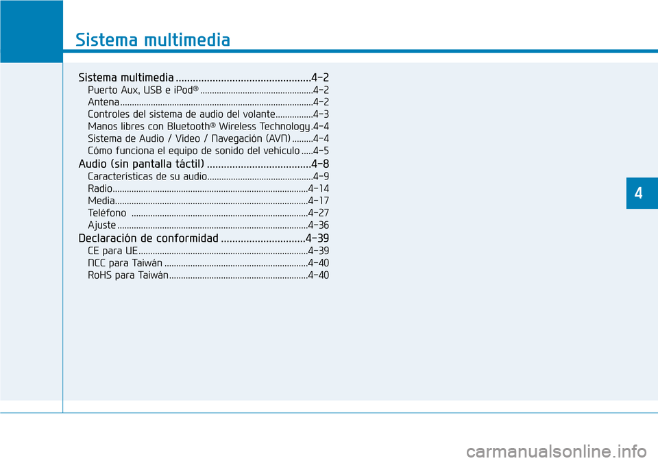 Hyundai Kona 2019 Manual del propietario (in Spanish) Sistema multimedia
Sistema multimedia ................................................4-2
Puerto Aux, USB e iPod®................................................4-2
Antena ........................... Hyundai Kona 2019 Manual del propietario (in Spanish) Sistema multimedia
Sistema multimedia ................................................4-2
Puerto Aux, USB e iPod®................................................4-2
Antena ...........................